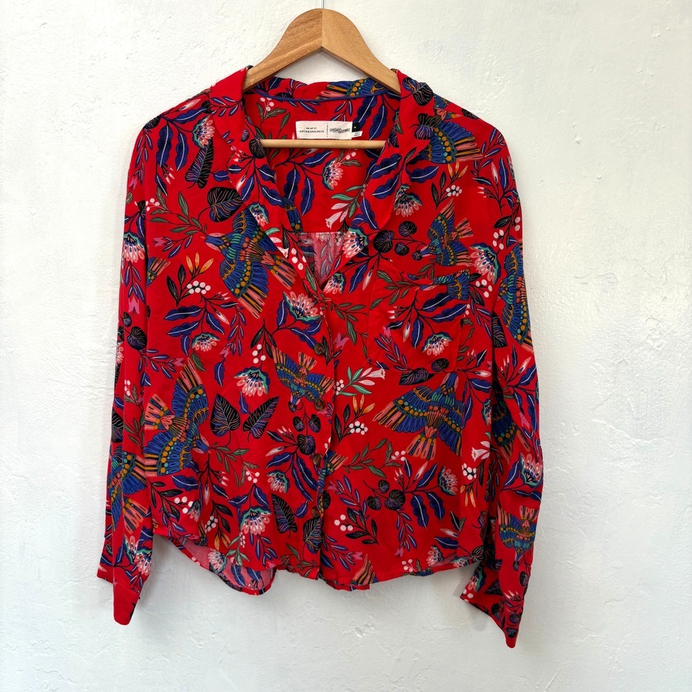 Anthropologie Super Nice Letters Elysa Top Women Sz Medium Red Blue Long Sleeve